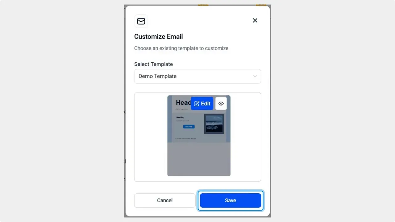 Customize Email modal with 'Demo Template' selected and the Save button highlighted, showing the final step to save the template.