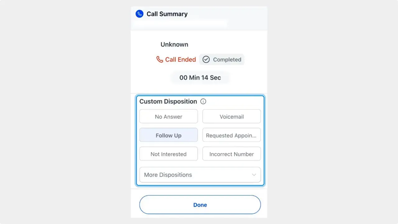 Web dialer call summary showing call duration and custom disposition options like Follow Up, Voicemail, No Answer