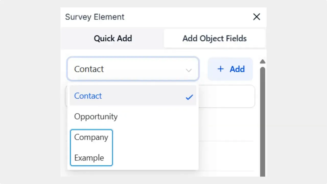 Add Object Fields dropdown showing options Contact, Opportunity, Company, and Example with Company visible in the list