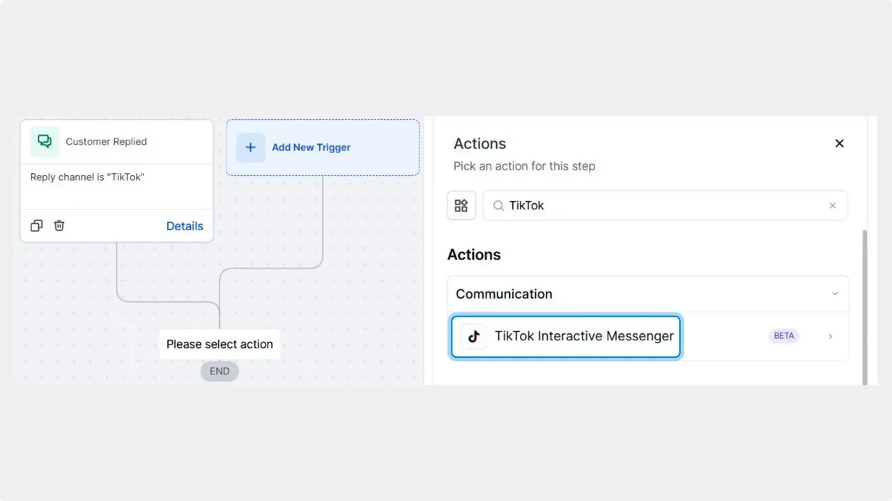 Selecting the TikTok interactive messages action