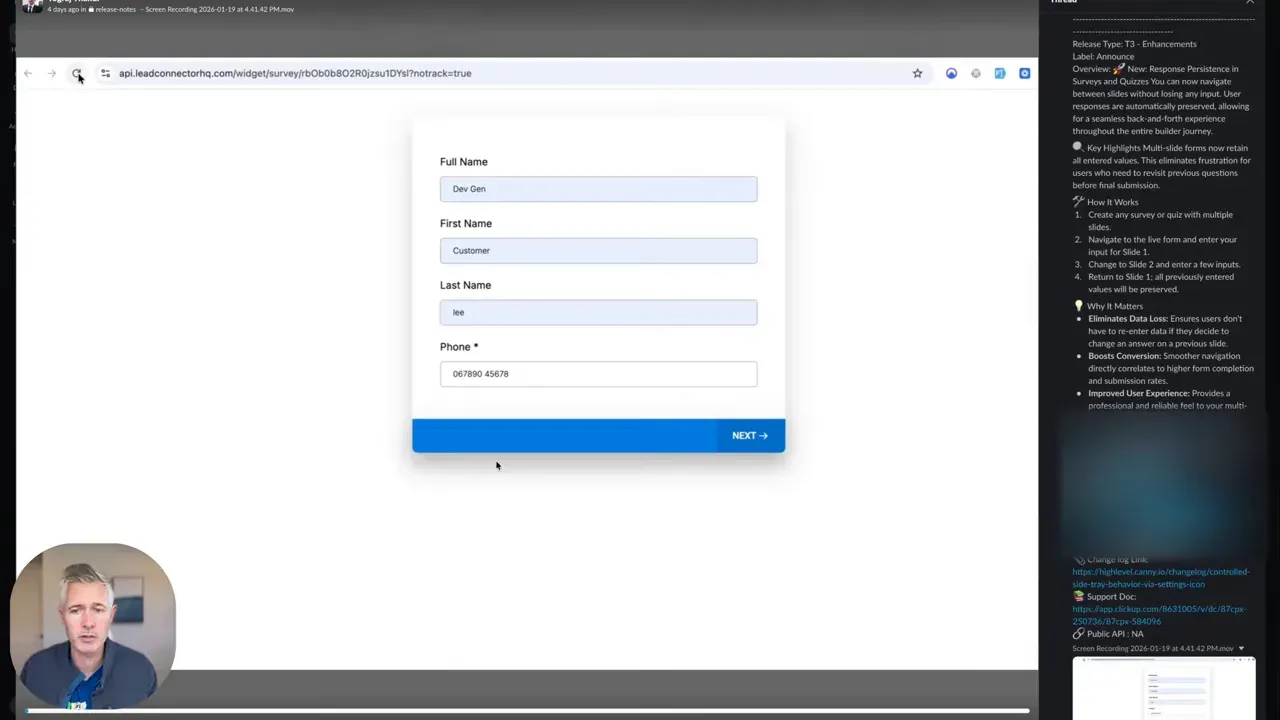 Survey form showing full name, first name, last name and phone fields populated