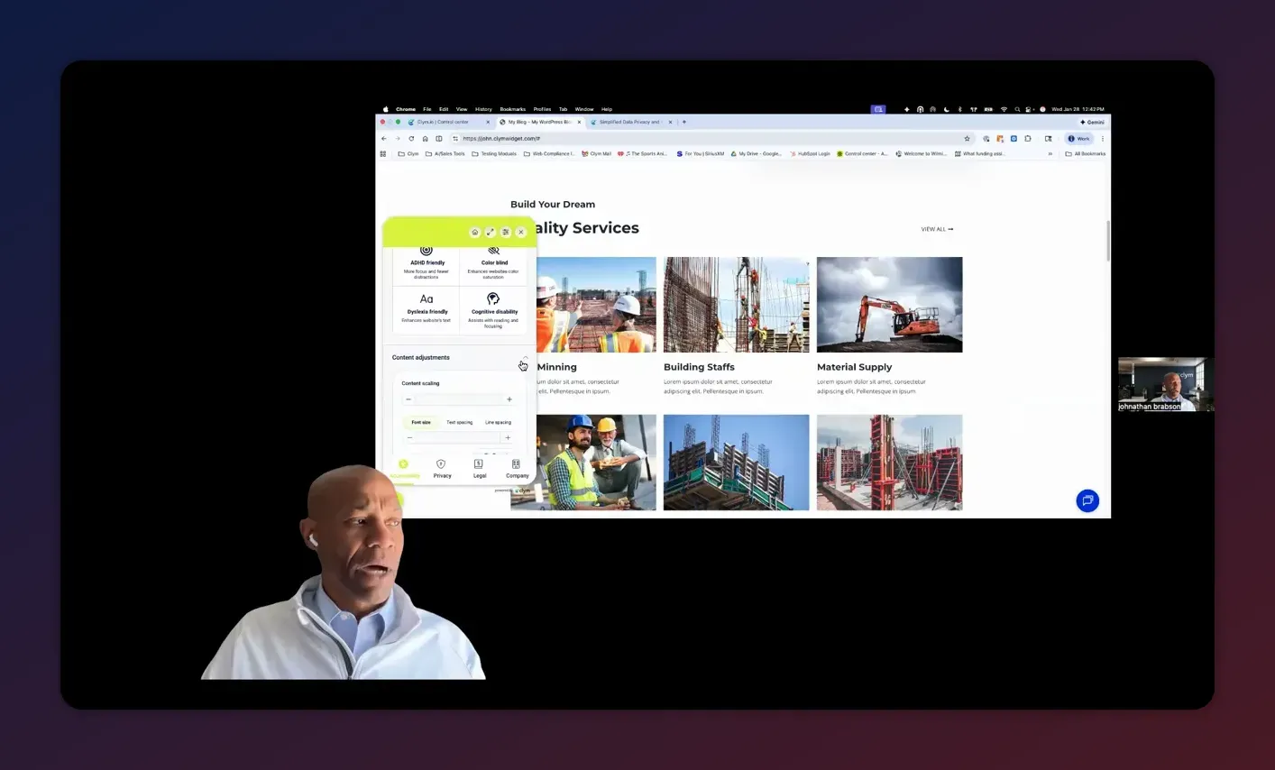 Clear screenshot of an accessibility widget with content adjustments panel and accessibility profiles visible on a website gallery page.