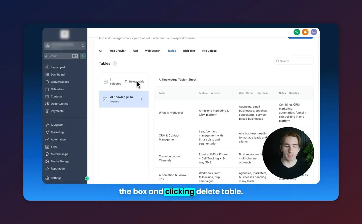 Cursor hovering over 'Delete table' with a table selected in HighLevel tables list