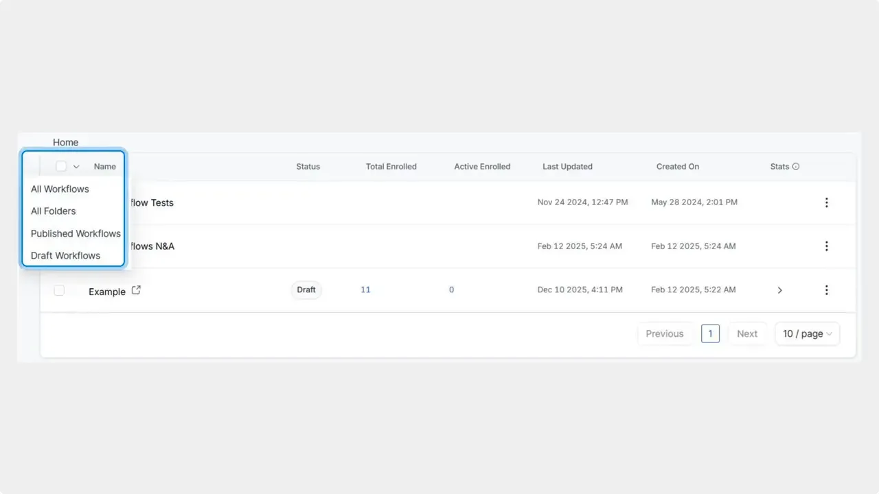 Group selection drop-down over a workflow list showing options: All Workflows, All Folders, Published Workflows, Draft Workflows.