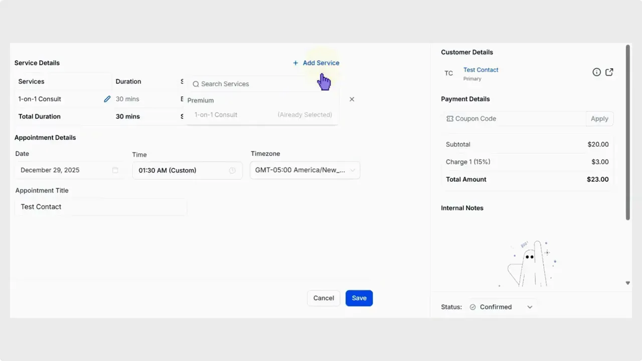 Appointment editor with service, date, time fields and blue Save button