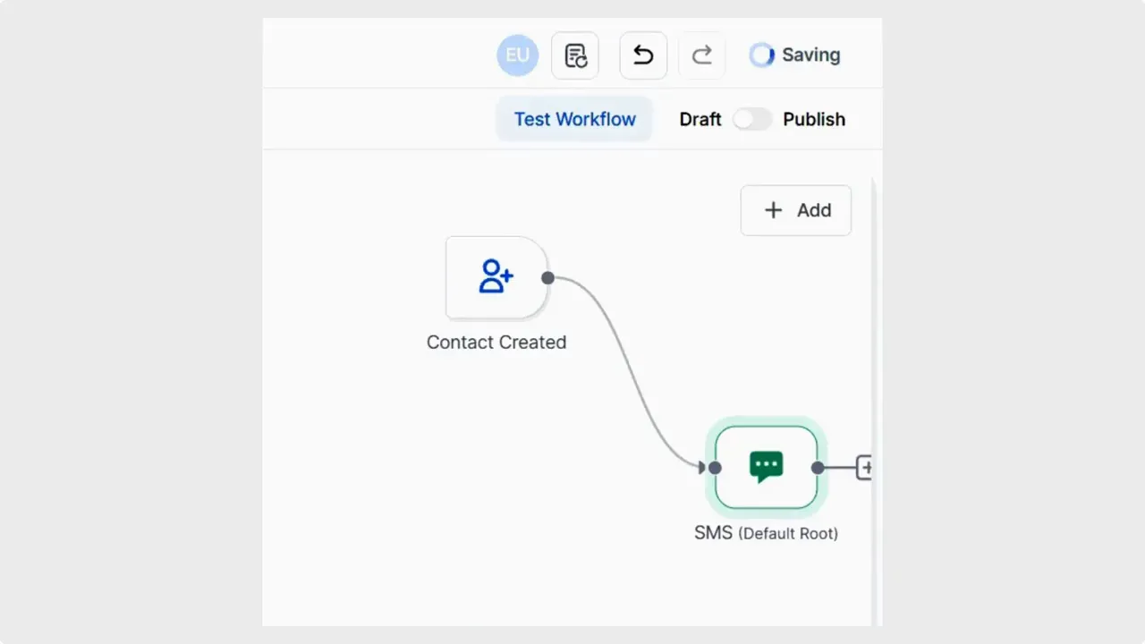 Workflow builder canvas showing a 'Saving' indicator and nodes from 'Contact Created' to 'SMS'.