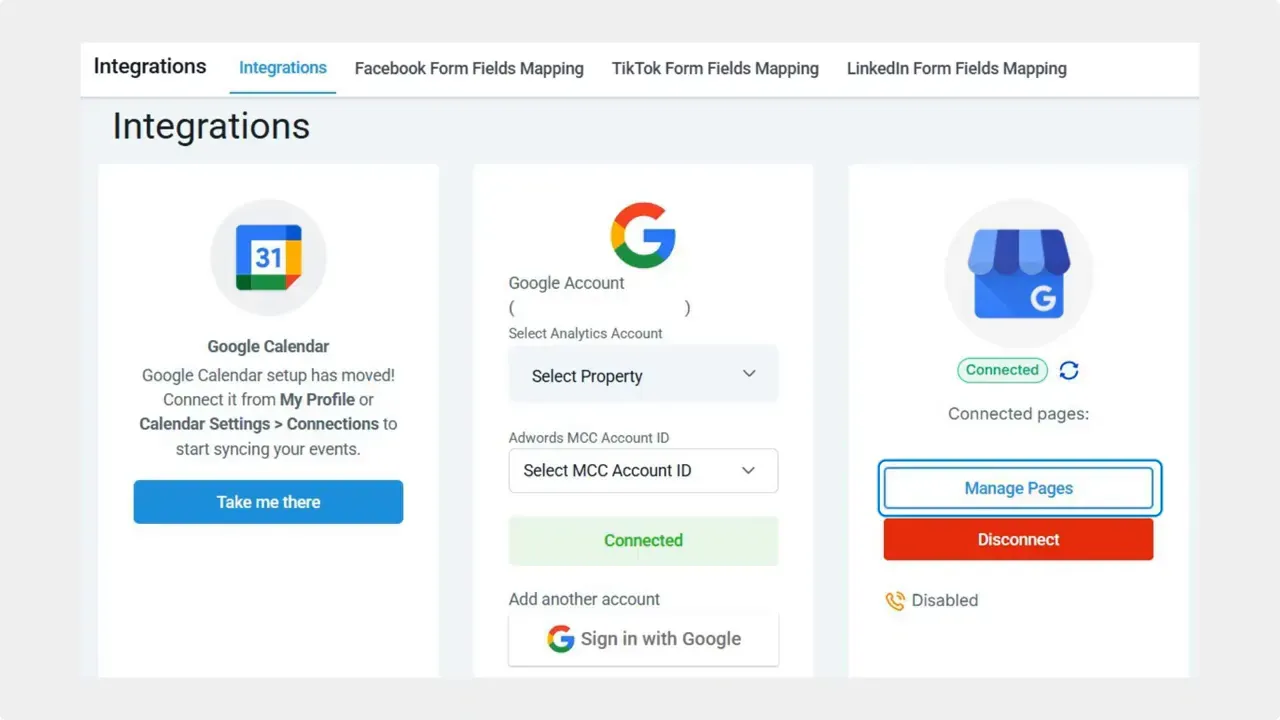 Manage Pages option in Integrations