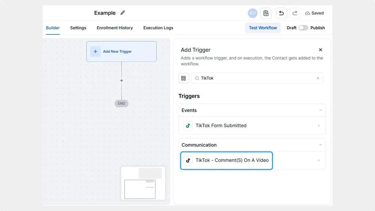 Select TikTok comments on a reel as the trigger