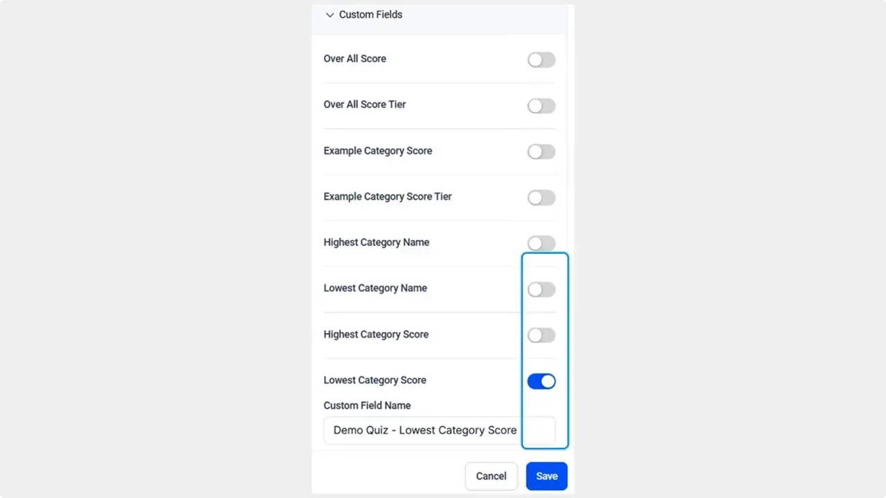 Custom Fields list showing toggles for mapping quiz values and a custom field name input