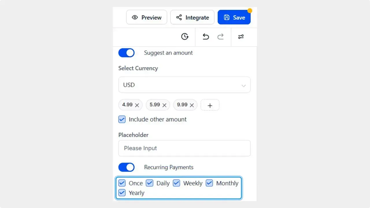 Payment Fields settings with the Recurring Payments toggle enabled and billing frequency checkboxes visible.