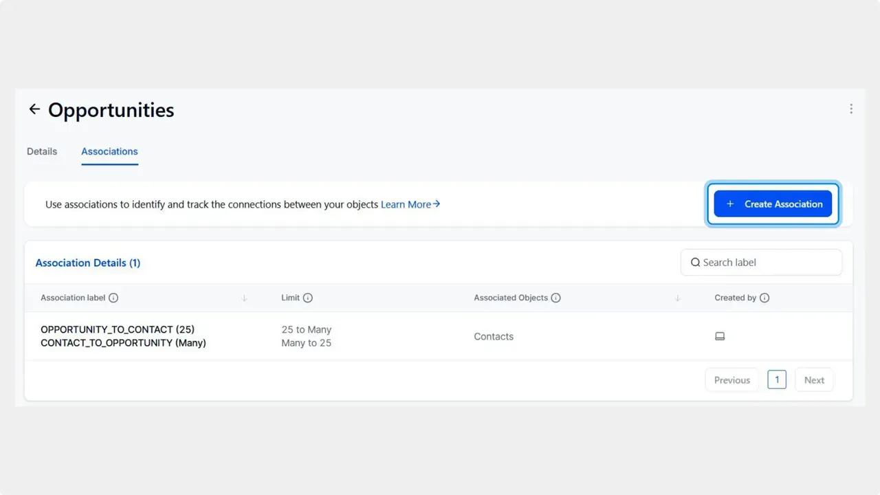 Opportunities Associations tab showing the associations list and a highlighted Create Association button