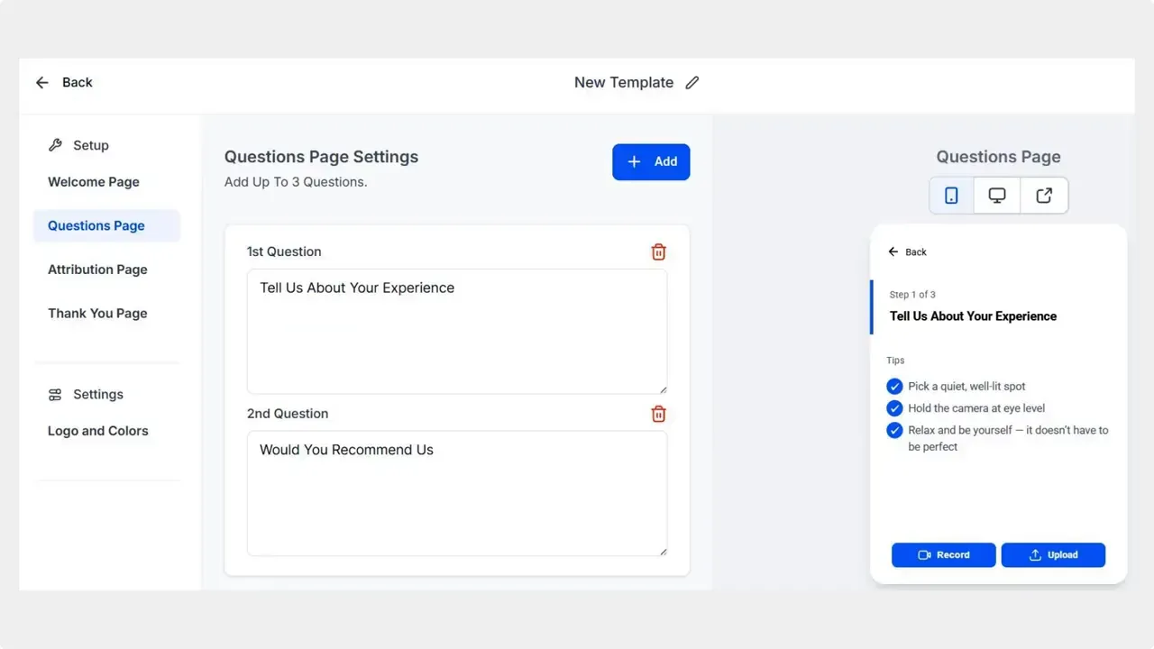 Pinnacle questions page settings showing first and second question fields and mobile preview