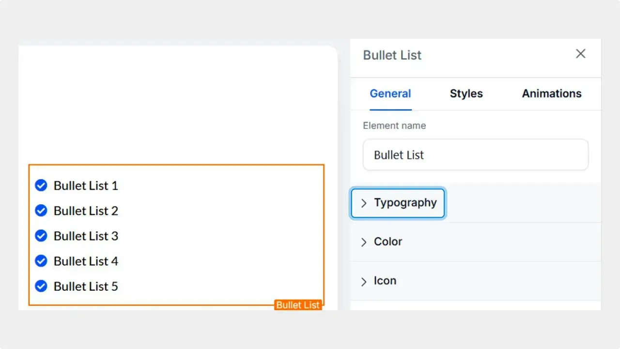 Site Builder element settings for a Bullet List with the 'Typography' option visible in the settings pane.