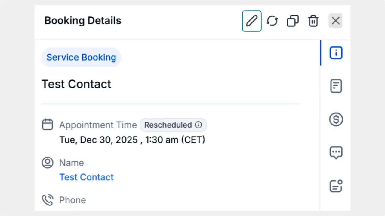 Pencil icon highlighted on booking details panel to open edit module