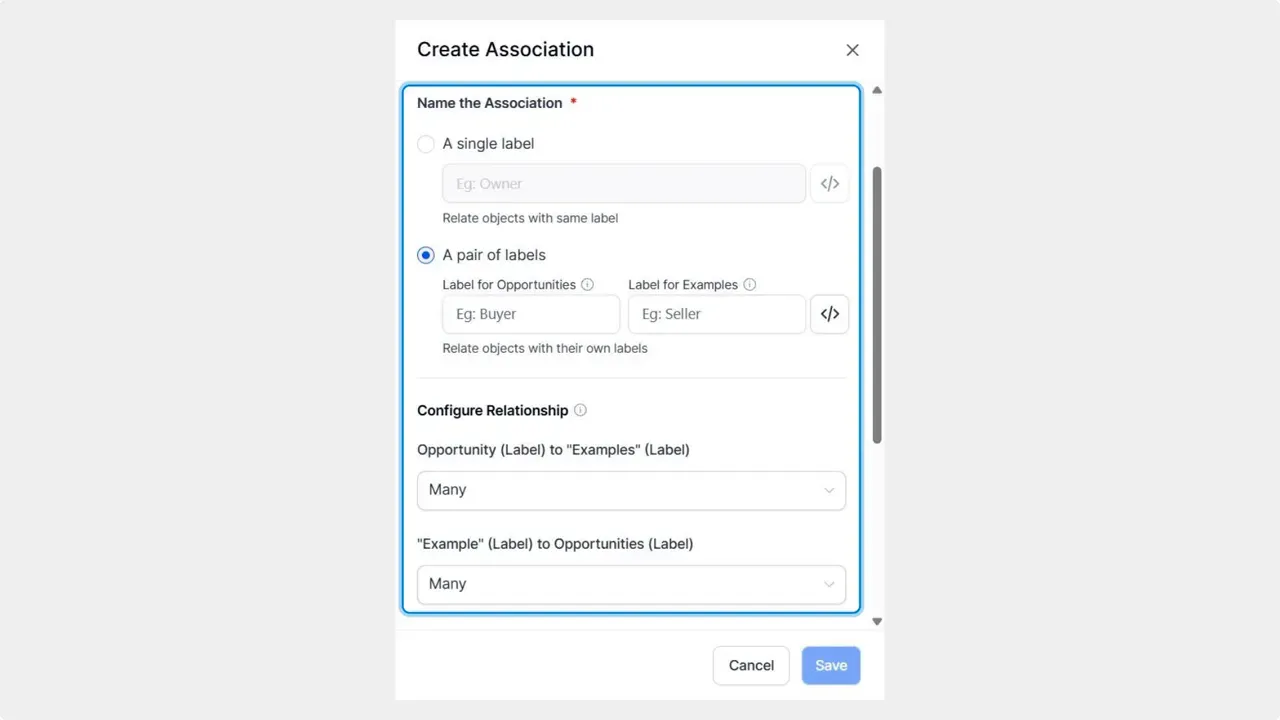 Create Association modal showing label fields and relationship type with Save button