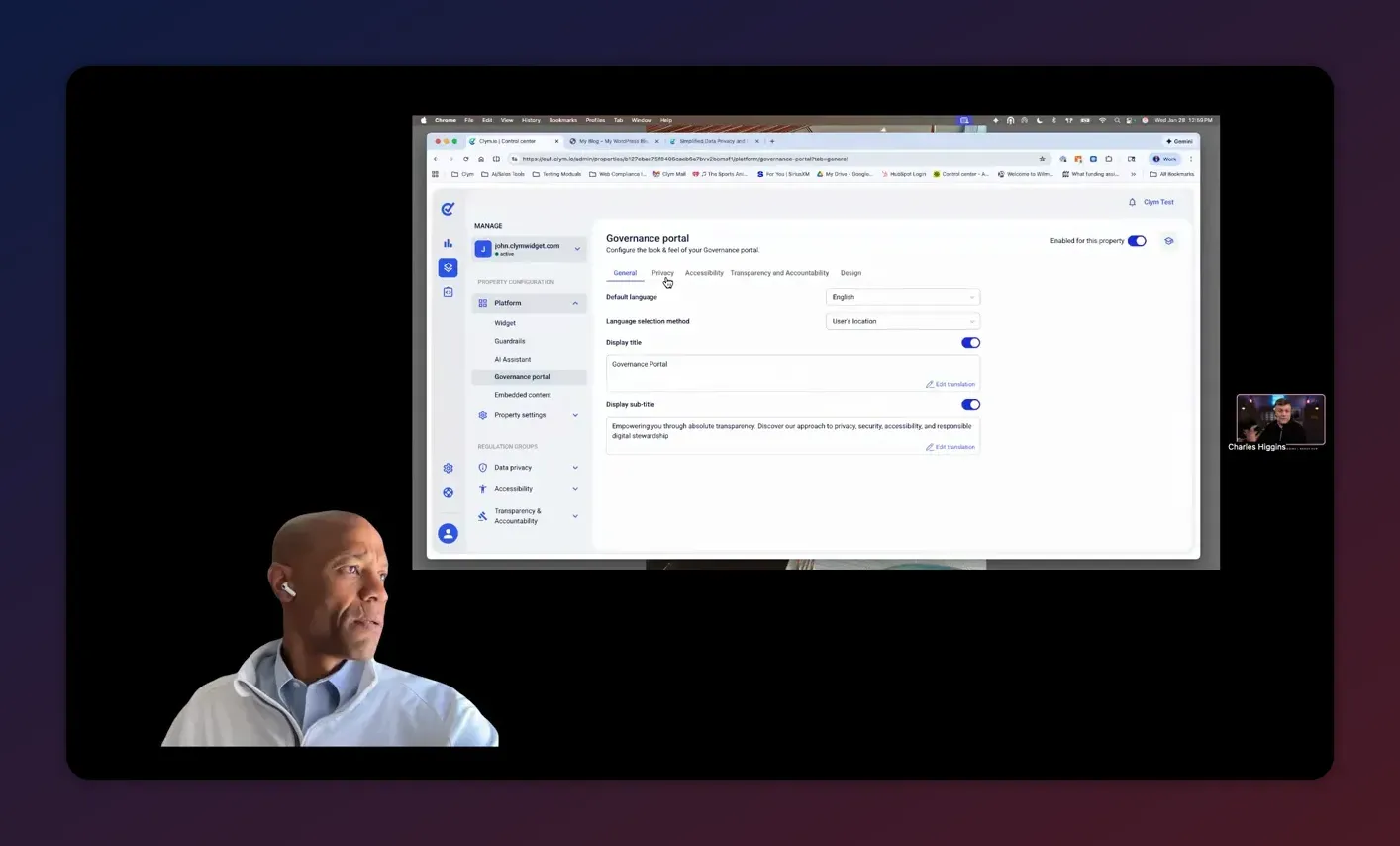 Governance portal settings screen showing default language, display title, subtitle, and toggles