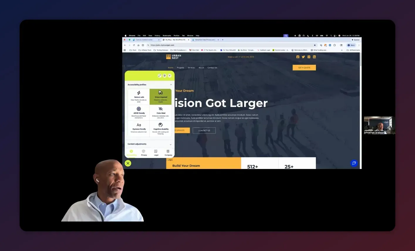 Accessibility profiles panel with presets and content adjustment options on a demo website