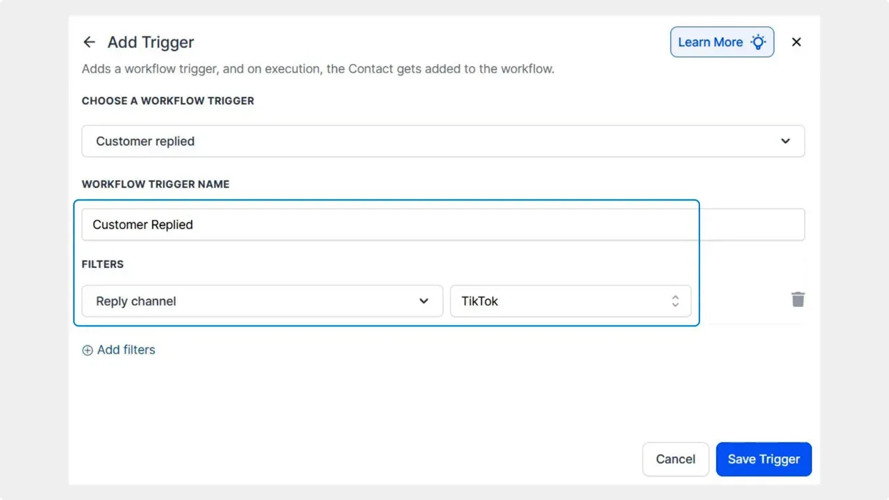 Set the trigger to Customer Replied in workflows