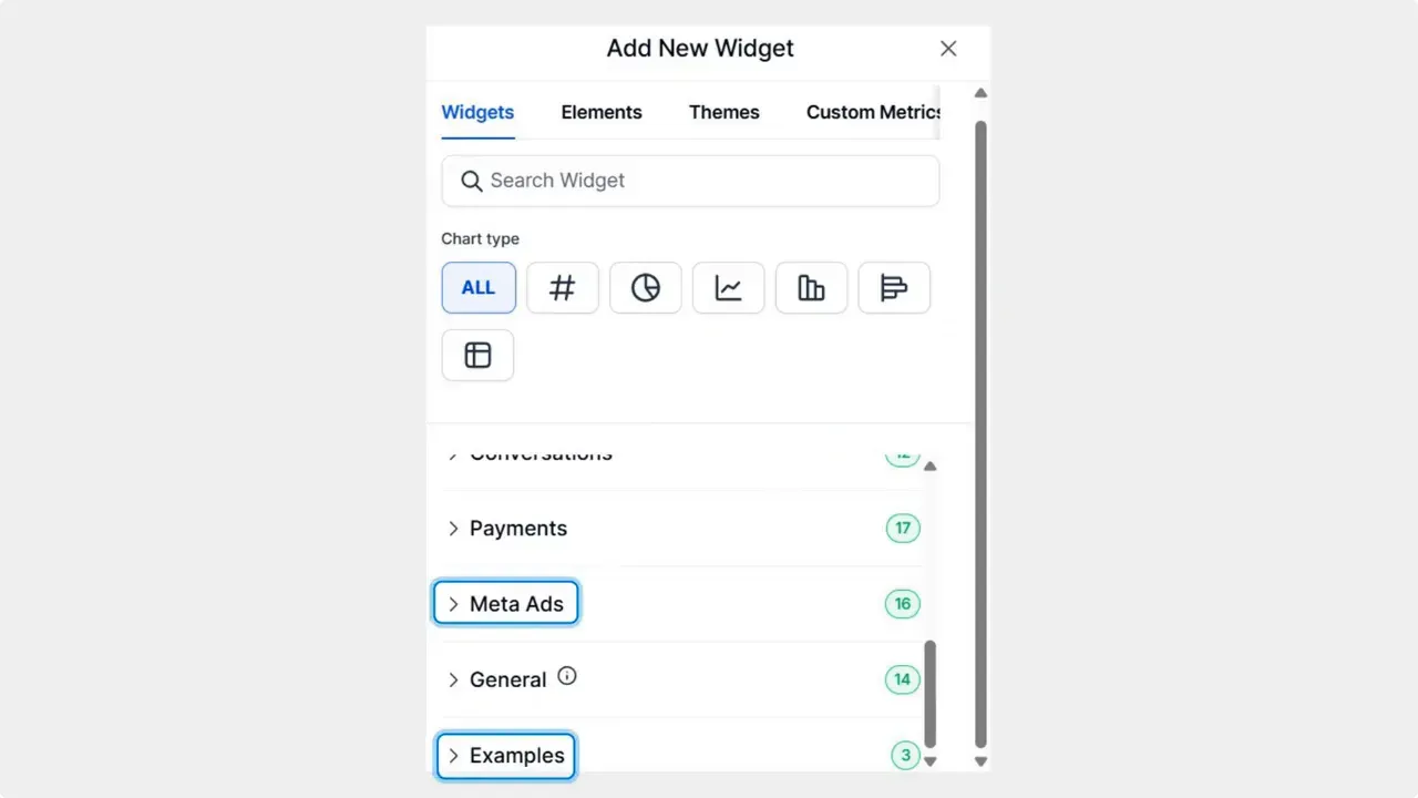Choose Meta Ads or Custom Object widget from the menu