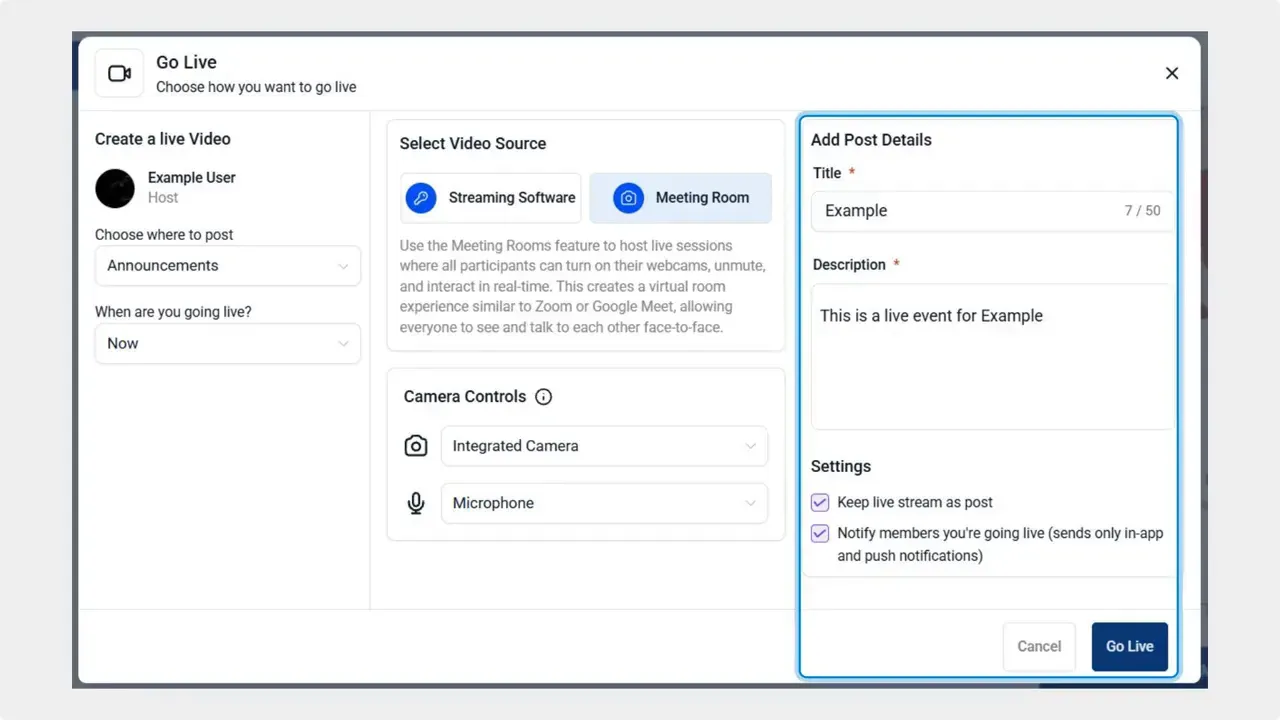 Go Live setup modal with Add Post Details fields (title and description), camera controls and a Go Live button
