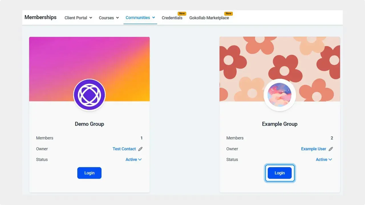 Pinnacle Memberships Communities overview showing Demo Group and Example Group cards