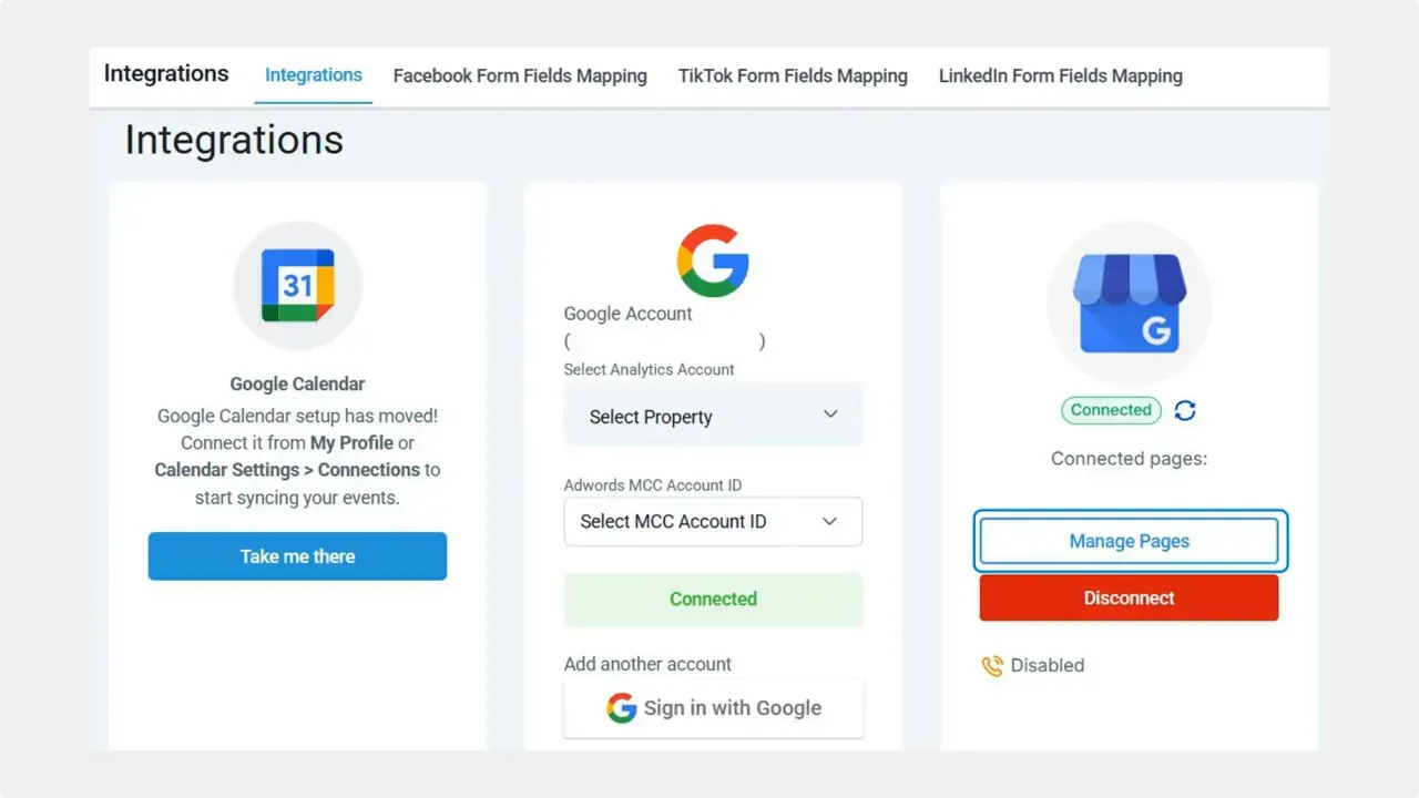 Integrations tab inside account settings