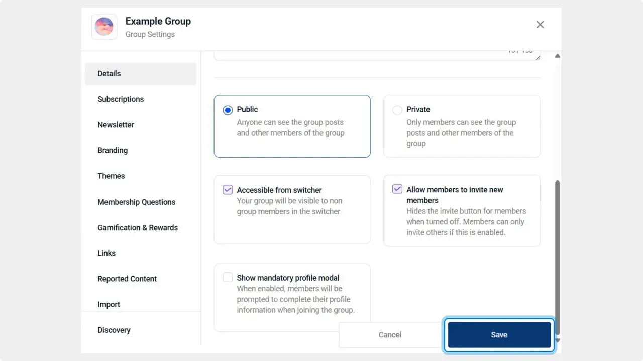 Community settings screen with the Save button highlighted to apply changes.