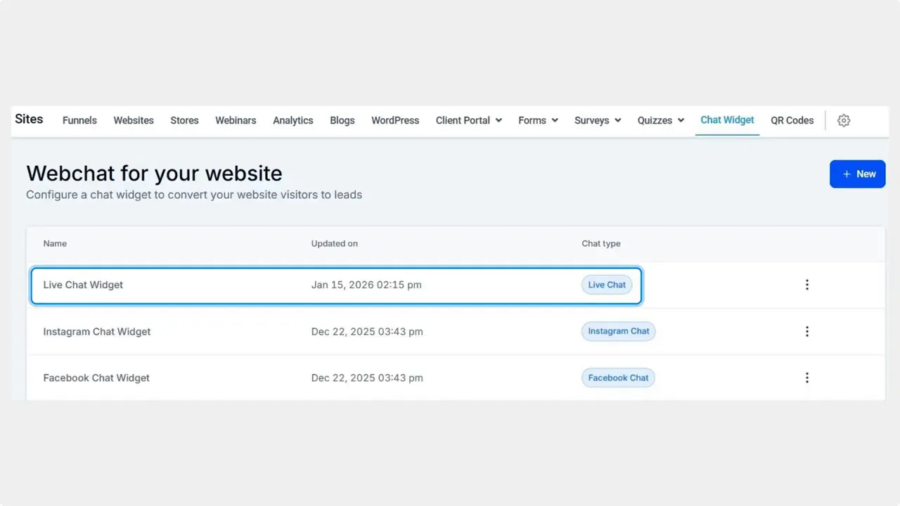 Sites dashboard showing the Chat Widget tab and a list with 'Live Chat Widget' highlighted.