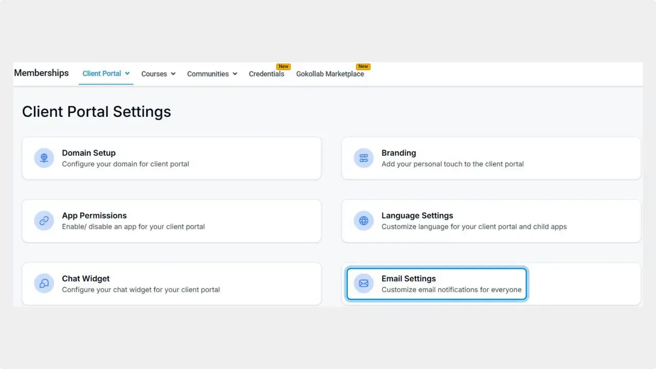Client Portal Settings page showing cards for Domain Setup, Branding, App Permissions, Language Settings, Chat Widget and a highlighted Email Settings card.