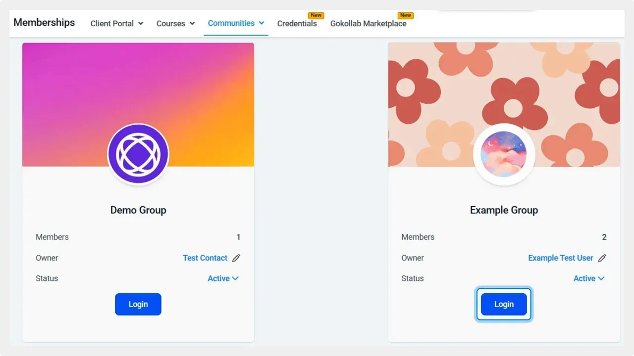 Memberships Communities view showing multiple group cards (Demo Group and Example Group) with header navigation