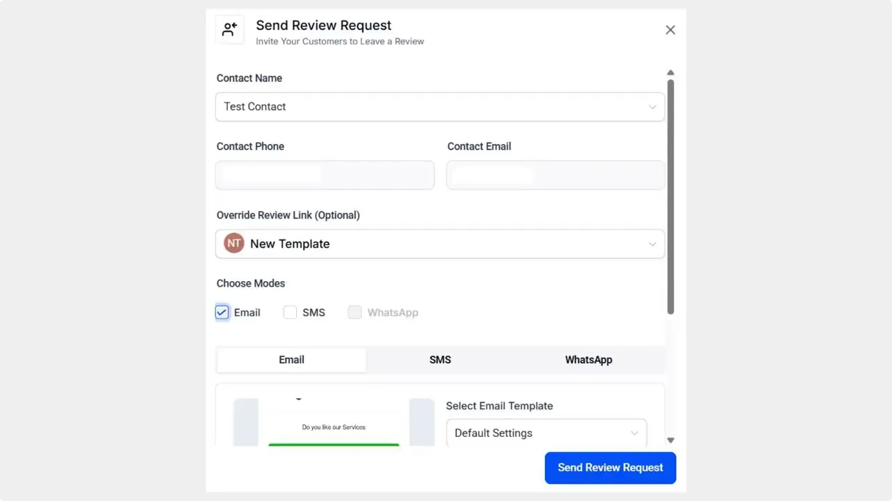 Pinnacle 'Send Review Request' modal with Contact Name, Contact Phone, Contact Email fields, override link dropdown, channel checkboxes and blue 'Send Review Request' button