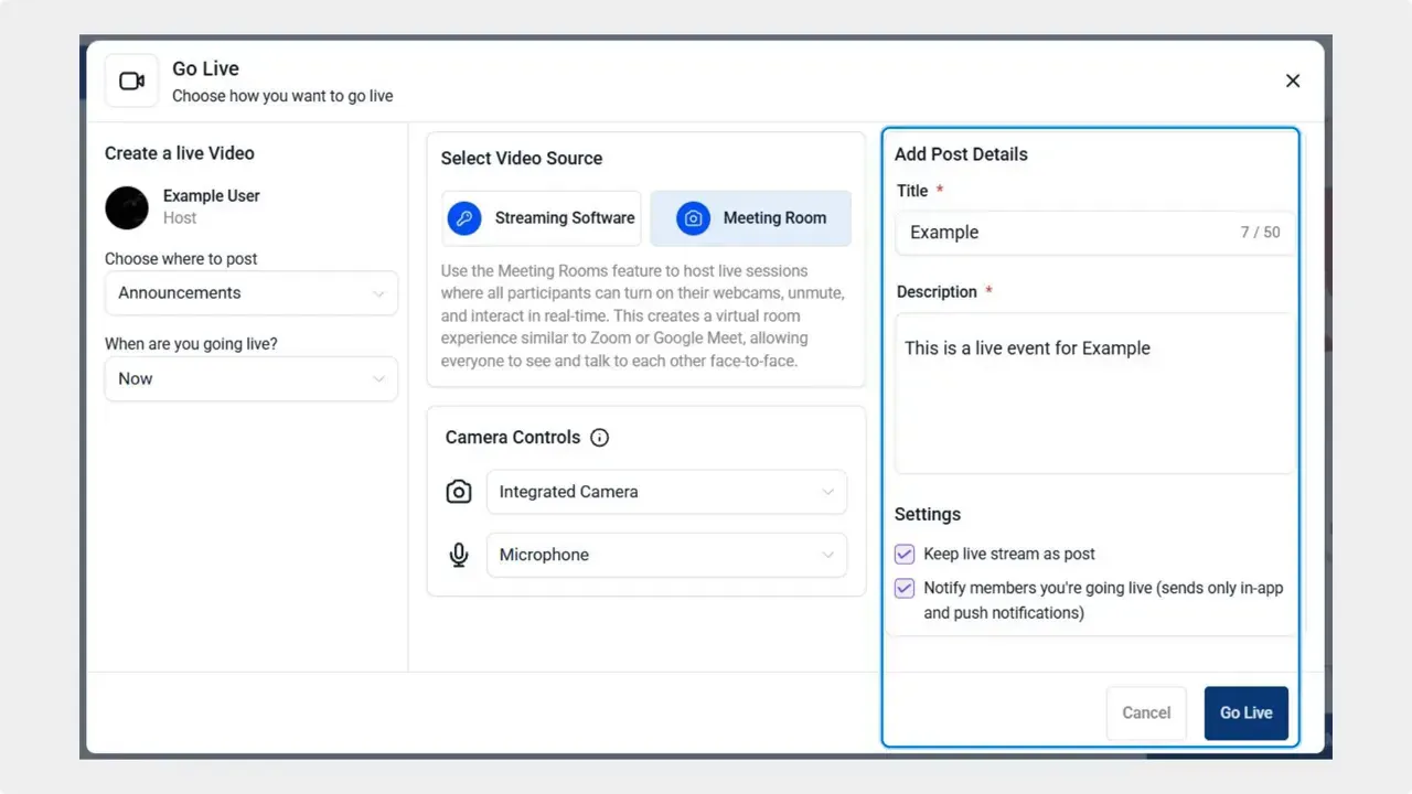Pinnacle 'Go Live' setup modal showing video source, camera controls, title, description and Go Live button.
