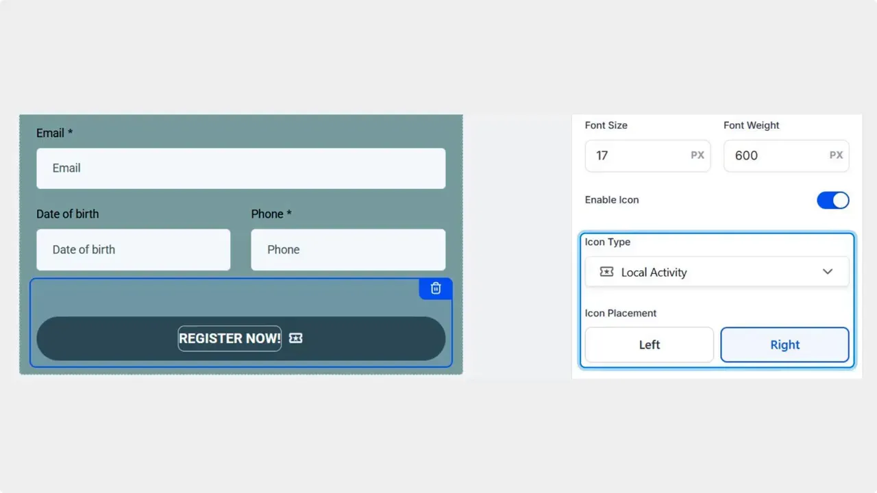 Form builder showing the 'Enable Icon' toggle switched on, icon type and placement options in the settings panel, and the submission button preview with an icon.