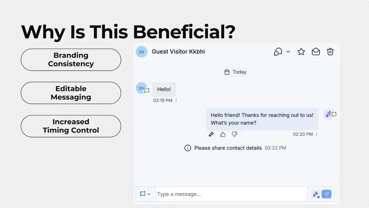 Conversation view displaying a customer's message and a system/contact prompt reading 'Please share contact details' in the chat thread.