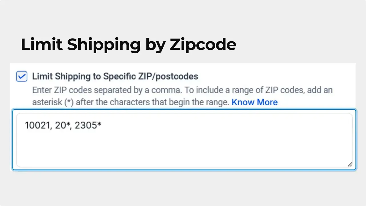 Shipping settings input showing 'Limit Shipping by Zipcode' header and example postcodes '10021, 20*, 2305*' entered in a textbox.