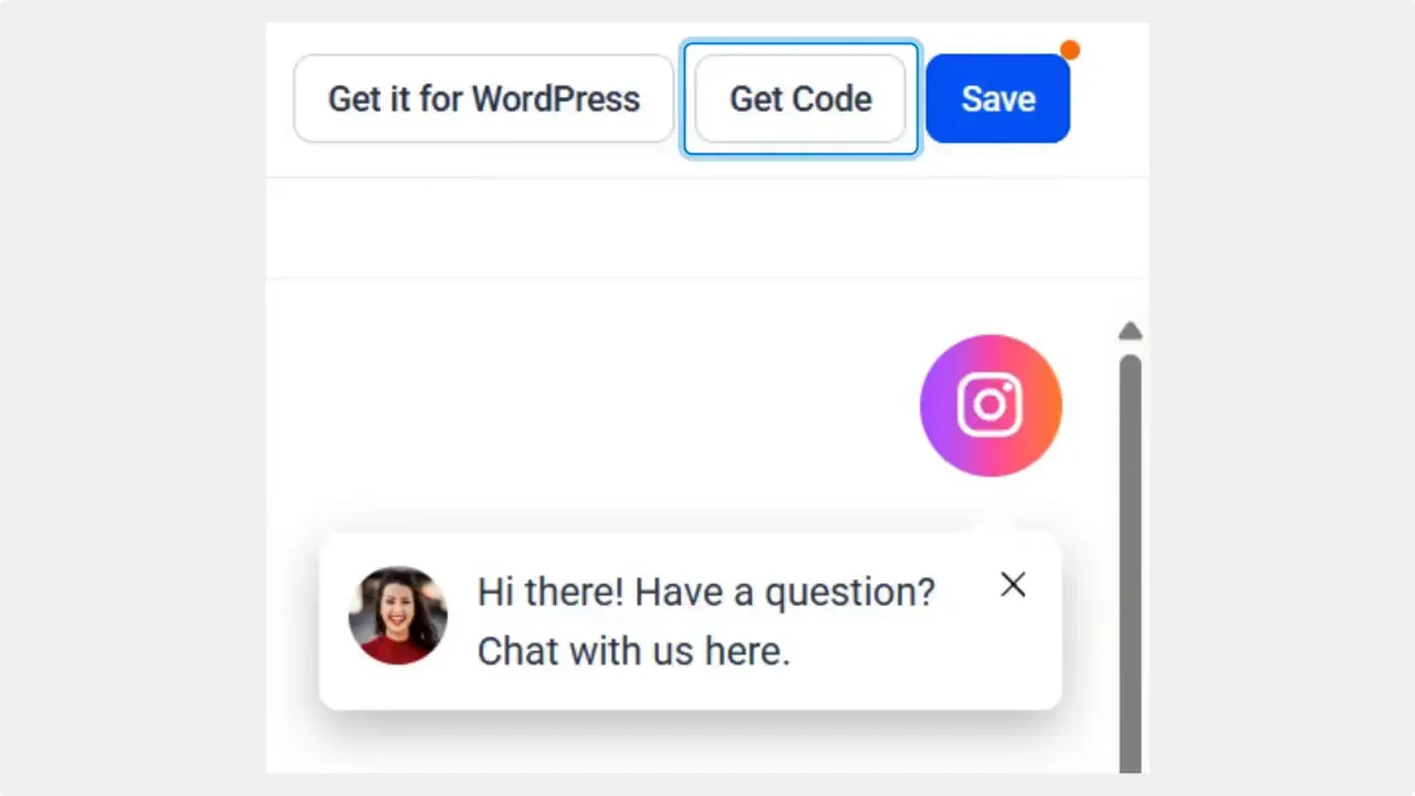 Widget settings bar with Get Code and Save buttons and a preview of the Instagram chat bubble on the page