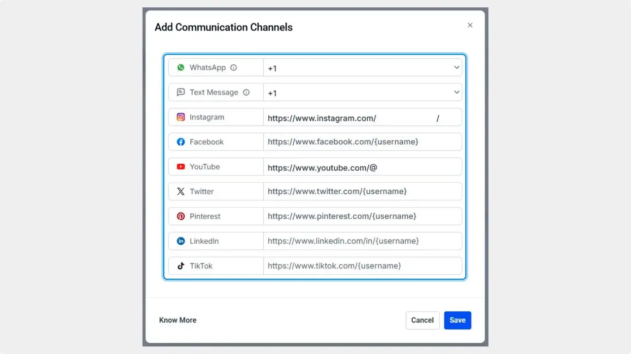 List of social and messaging channels to connect