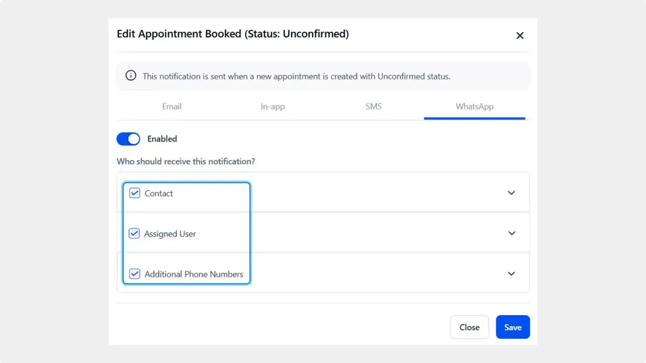Edit reminder modal showing WhatsApp tab with Enabled toggle and recipient checkboxes