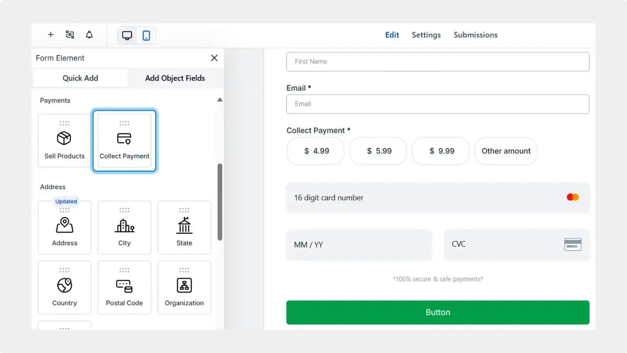 Form builder with 'Collect Payment' element highlighted in the form elements panel and payment fields shown on the form preview