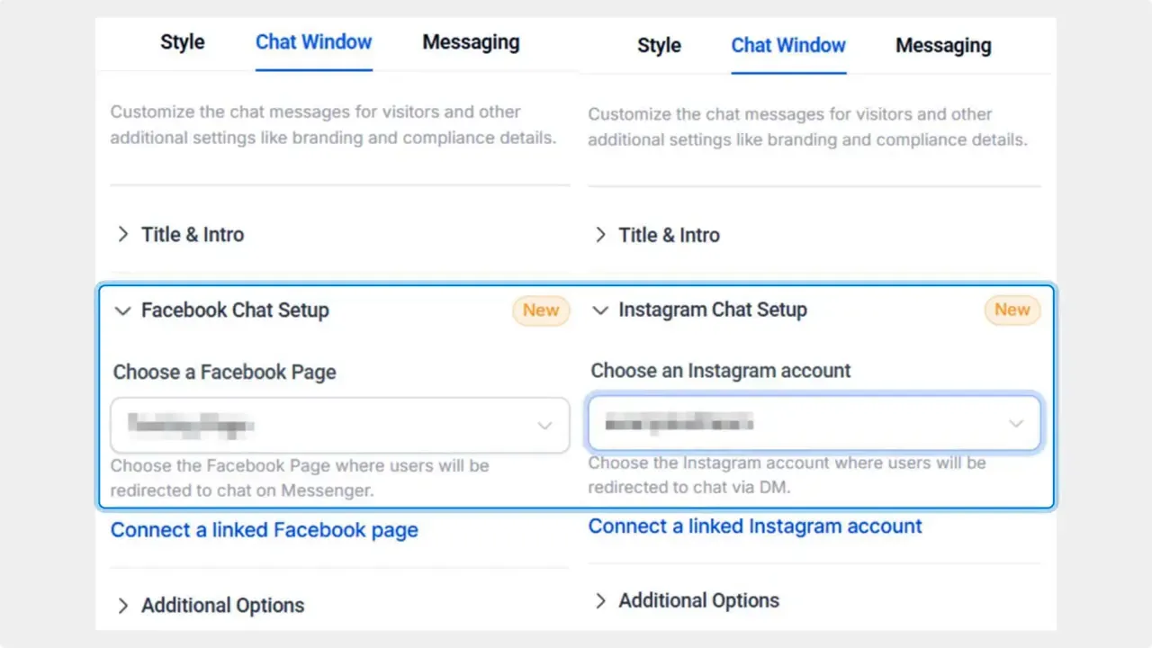 Chat Window settings showing 'Choose a Facebook Page' and 'Choose an Instagram account' dropdowns