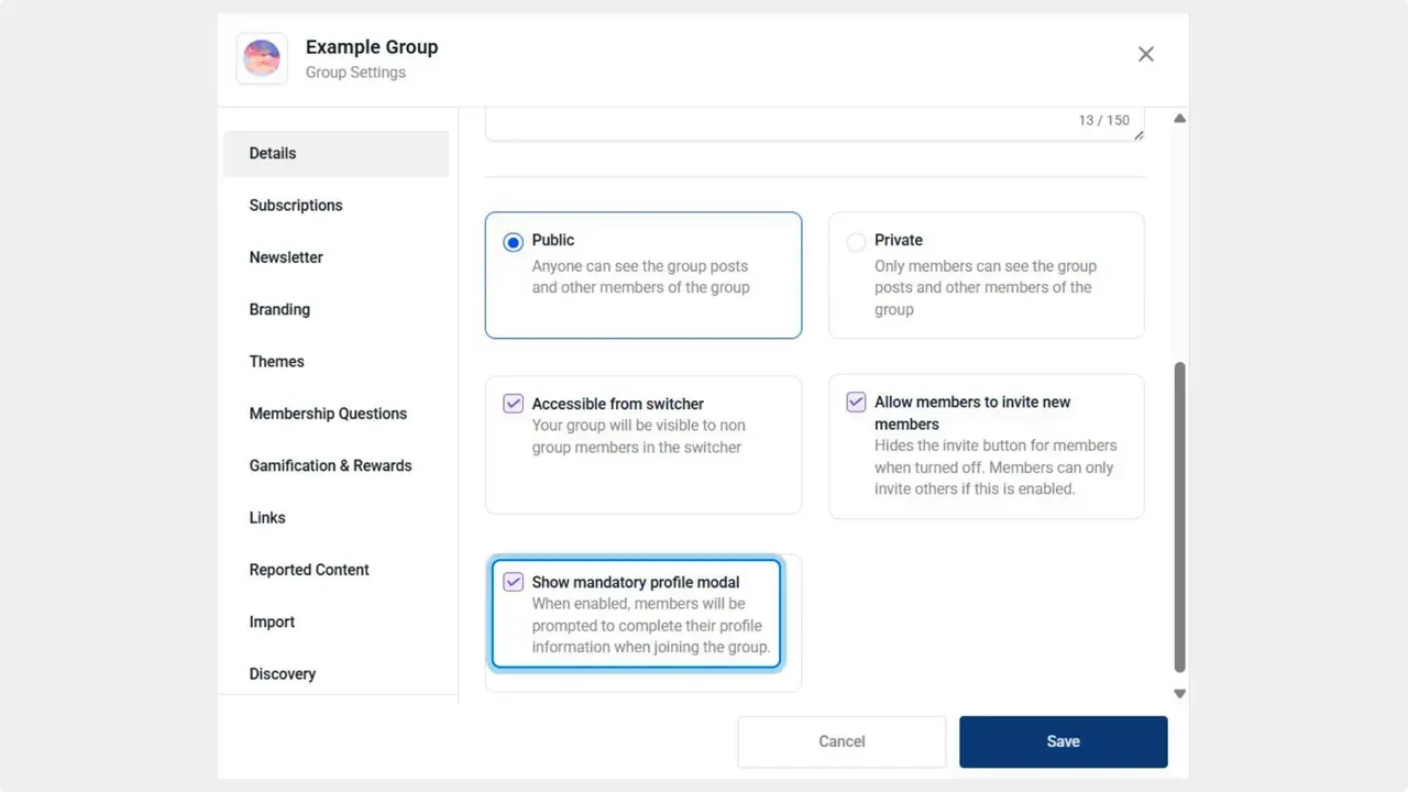 Group settings dialog with the 
