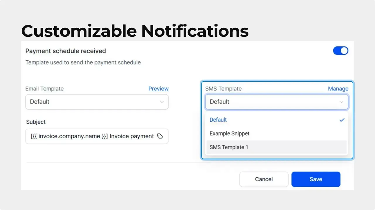 Customer Notifications settings showing 'Payment schedule received' with email and SMS template dropdowns and the toggle enabled.