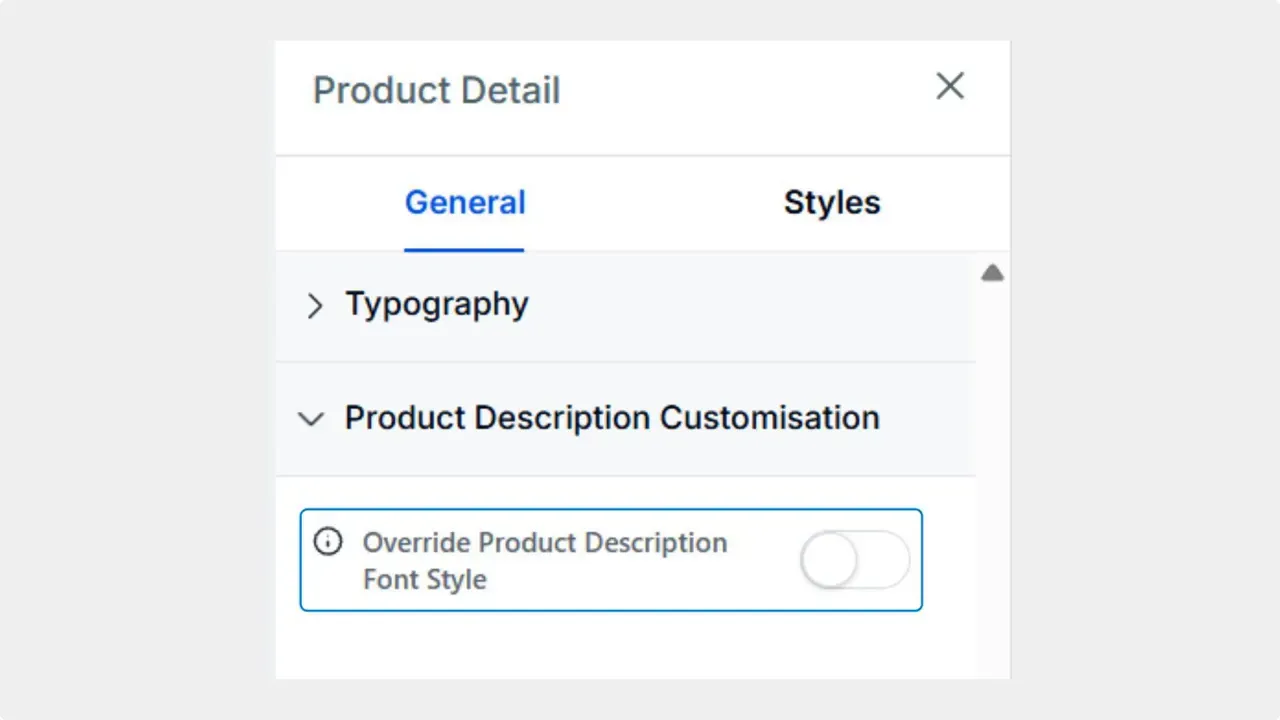 Product Detail settings panel focused on Product Description Customisation with the 'Override Product Description Font Style' toggle visible and switched off.
