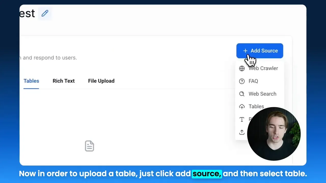 HighLevel Knowledge Base screen showing the Add Source dropdown with Tables option visible
