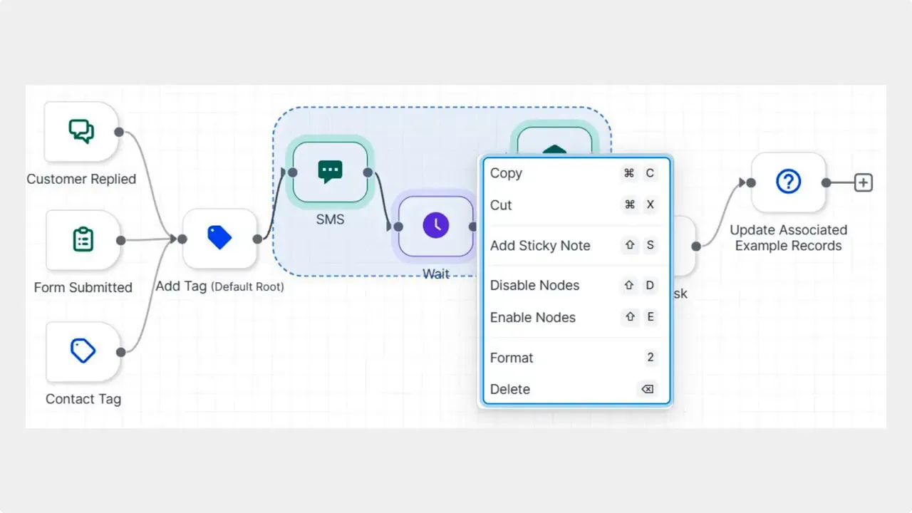 Advanced Builder canvas with a dashed selection around nodes and a Quick Actions context menu showing Add Sticky Note, Disable Nodes, Enable Nodes, Format and Delete.