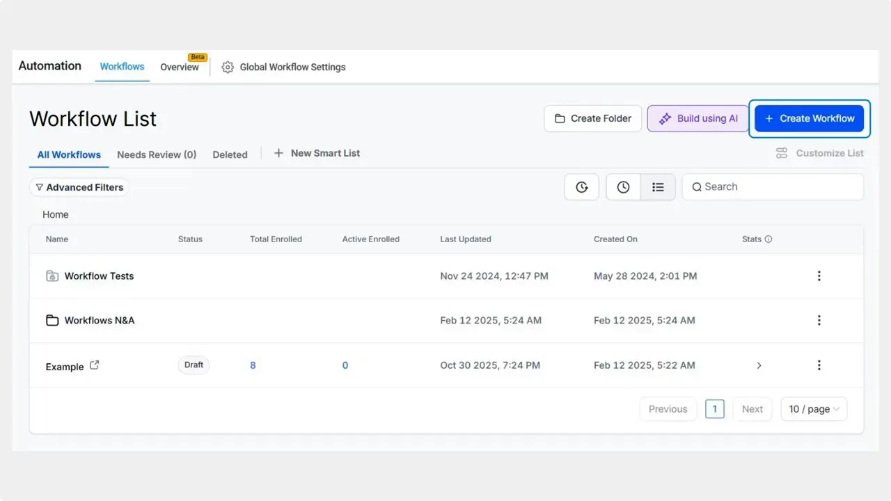 Create a new workflow in the Automation section