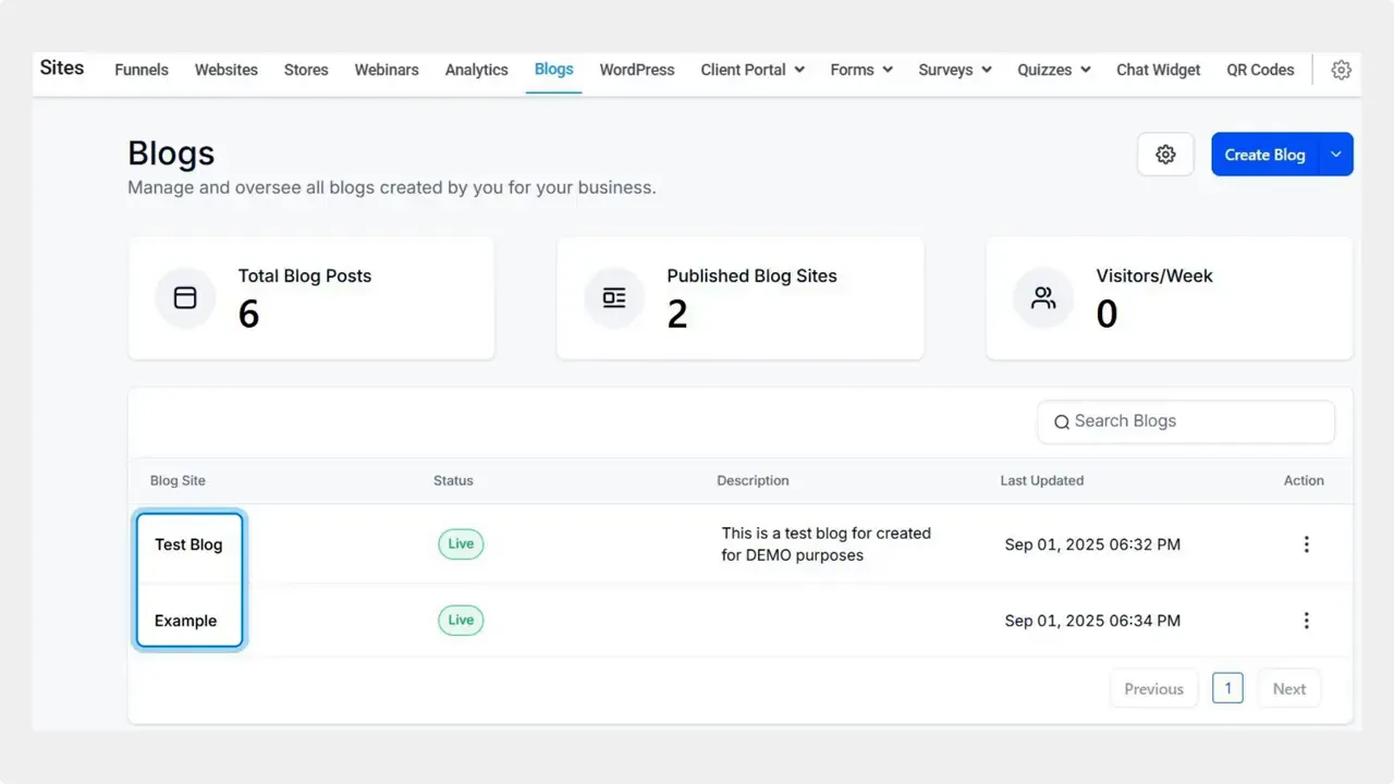 Navigate to the Blogs tab inside the Sites section