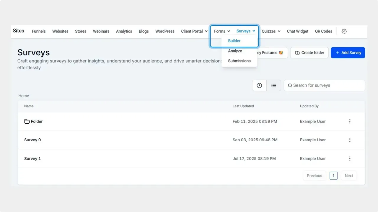 Surveys dashboard with the Forms/Surveys menu and 'Builder' option highlighted