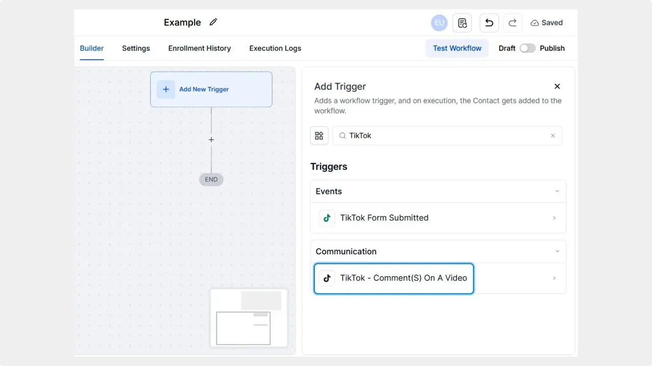 Trigger set to TikTok comments on a reel