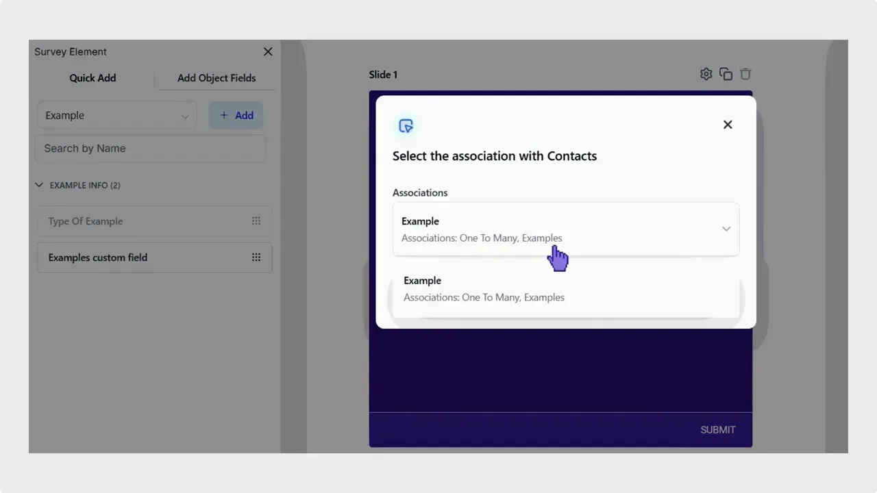 Modal dialog titled 'Select the association with Contacts' showing association choices